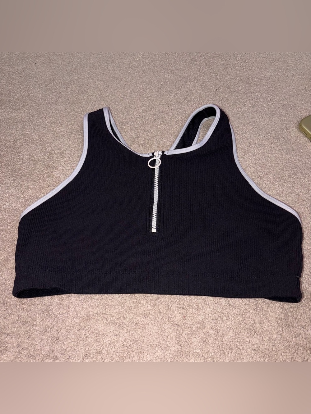 Athleta Black and White High Neck Ribbed O-Ring Zip Sports Bra